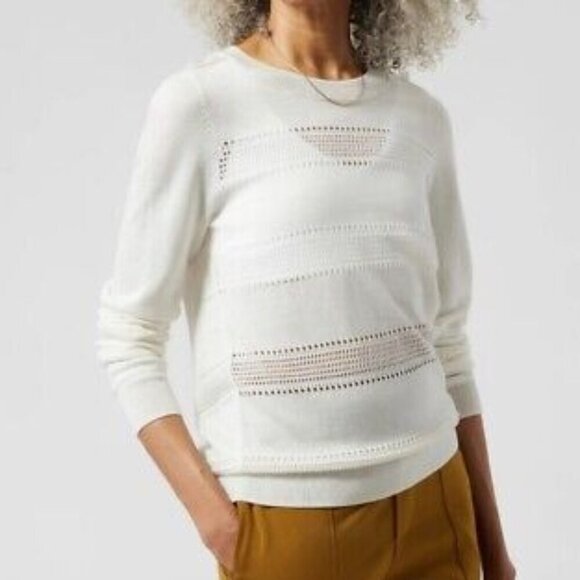 Athleta Women's Pointelle Crewneck Sweater Lightweight White Striped Sweater Sm - Picture 2 of 8